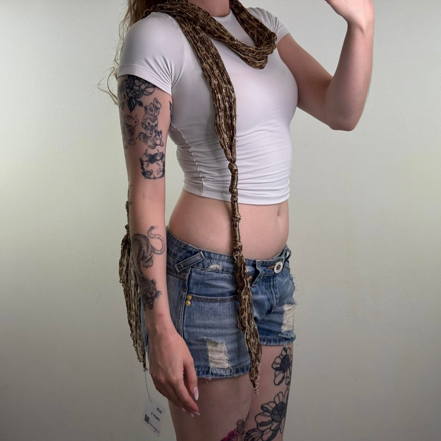 Y2K vintage leopard print skinny glitter scarf metal rings thing sparkly