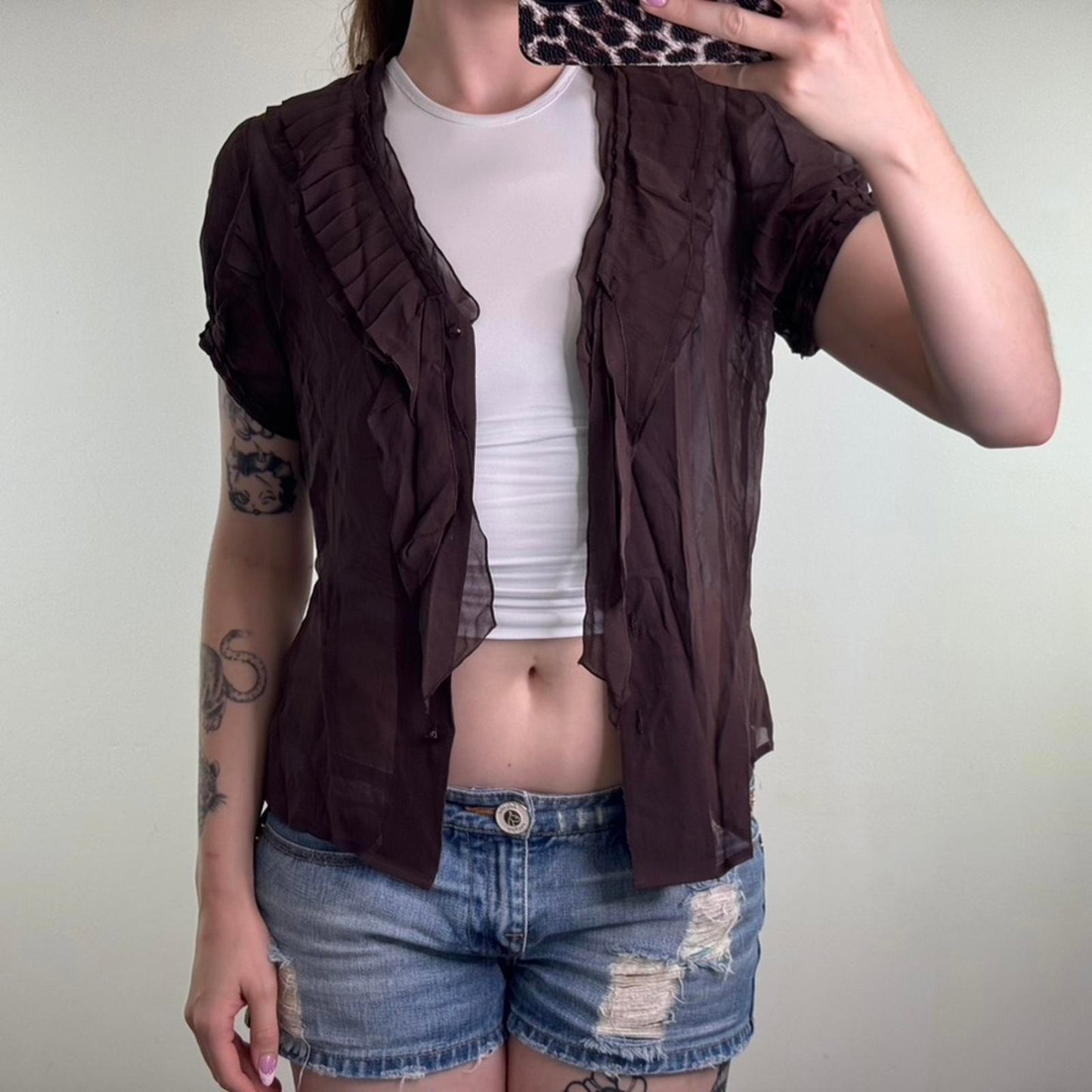 Y2K vintage 100% pure silk short sleeve blouse v neck pleated ruffle frill sheer