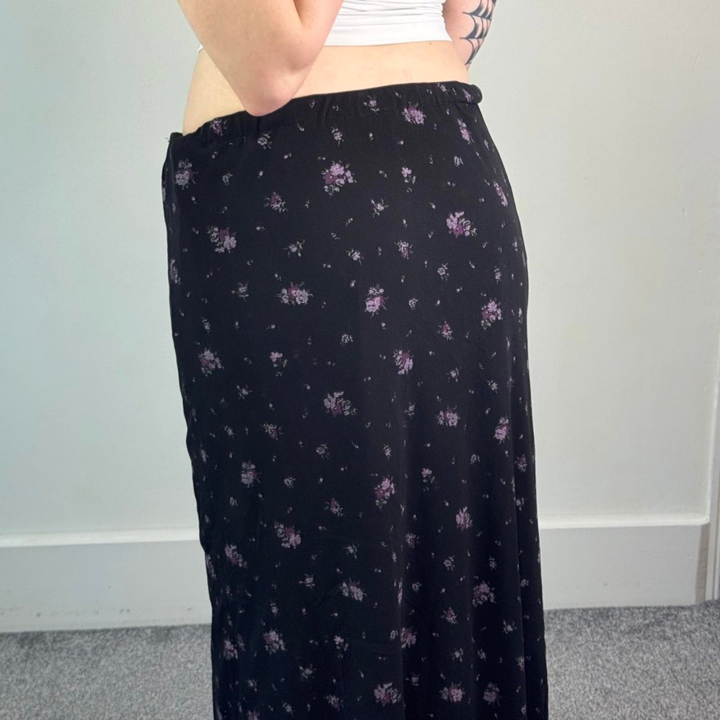 Y2K vintage black ditsy lilac floral double mesh overlay maxi skirt lettuce hem