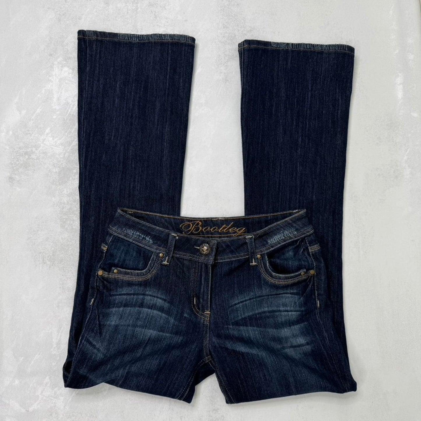 Y2K vintage low rise bootcut jeans dark blue wash studded denim stretchy