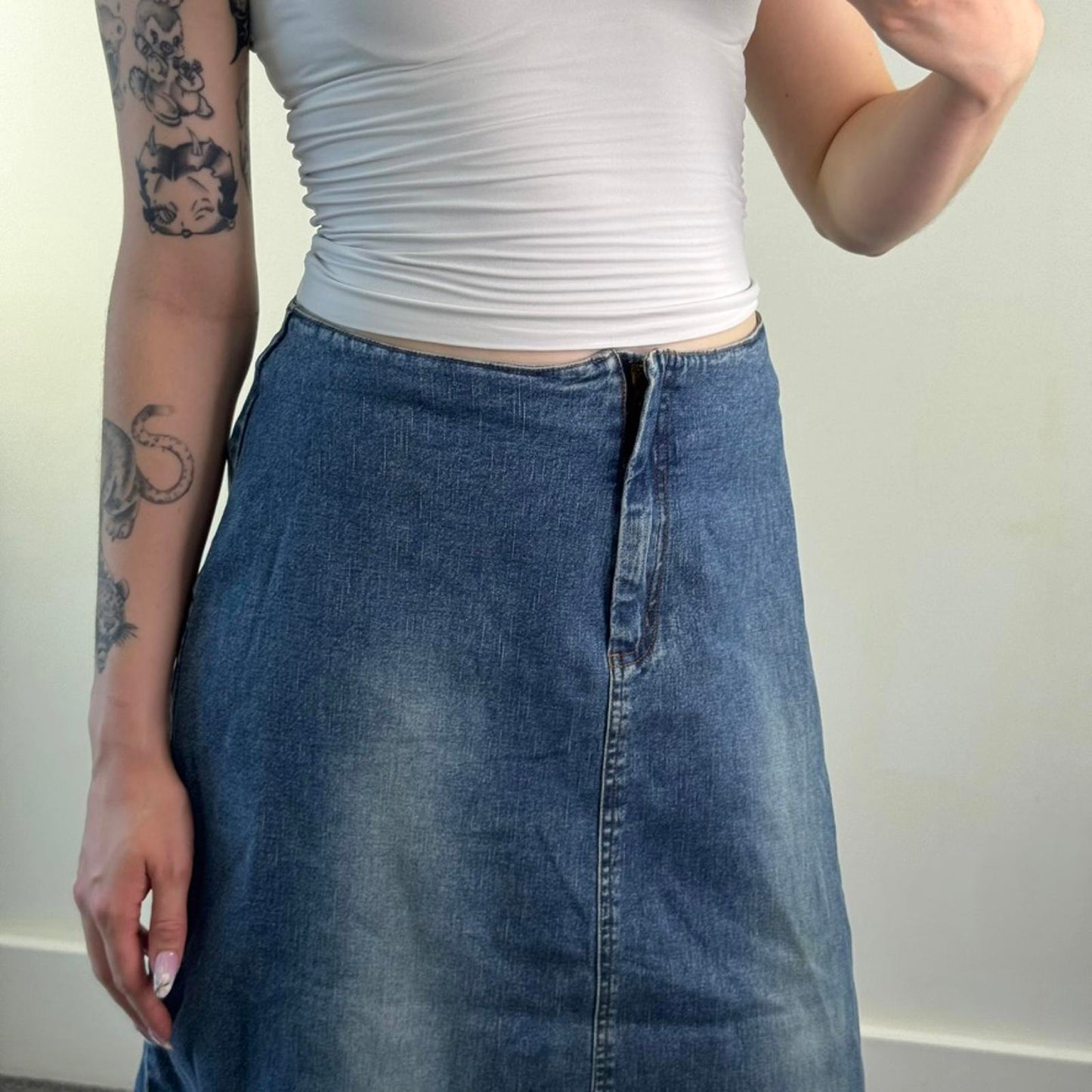 Y2K vintage denim maxi skirt a line stretchy faded light blue wash