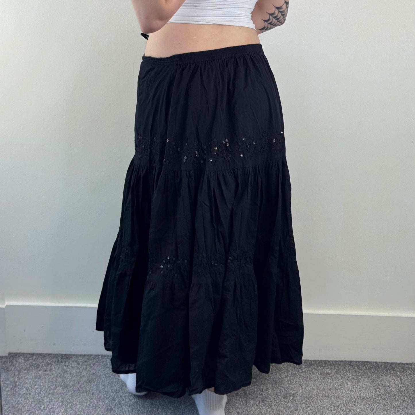 Y2K vintage boho maxi skirt sequin a line drawstring embroidery lightweight