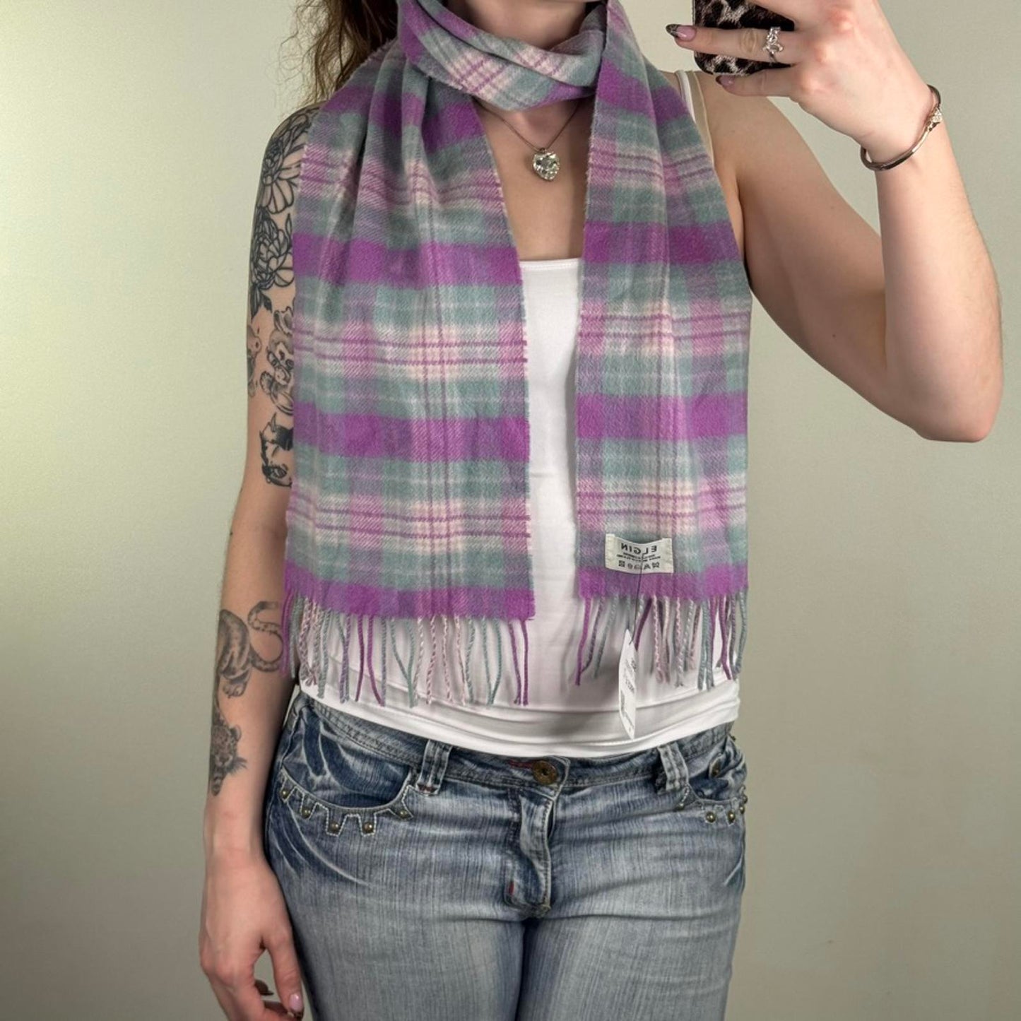 Y2K vintage pure cashmere scarf plaid tartan pastel purple blue fringe