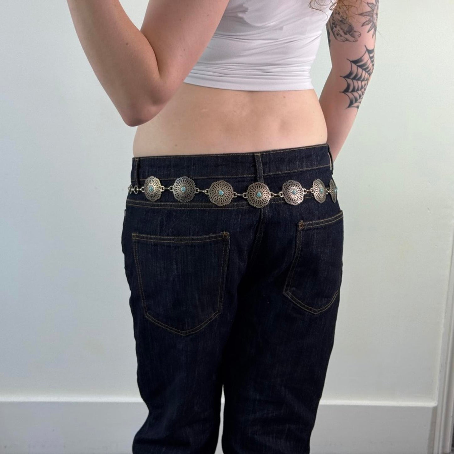 Y2K vintage disc circle metal belt silver blue chain boho