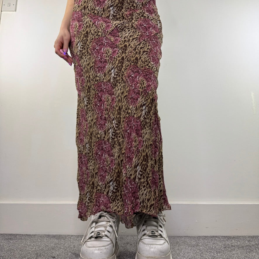 Y2K vintage leopard print frilly maxi skirt