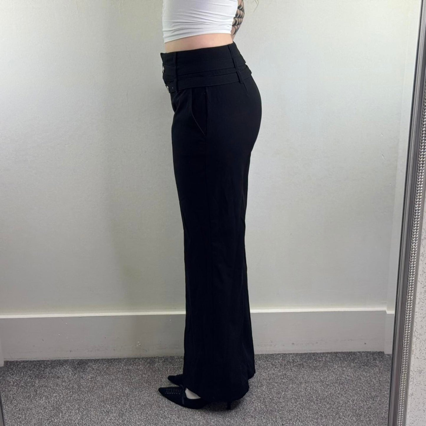 Y2K vintage mid rise tailored trousers popper buttons side pocket wide bootleg