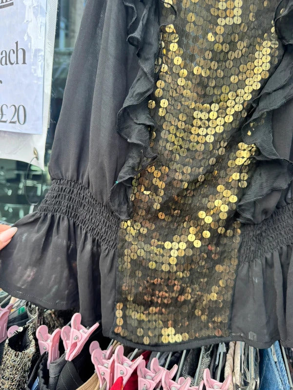 Y2K vintage sequin ruffle top gold black sleeveless blouse sheer