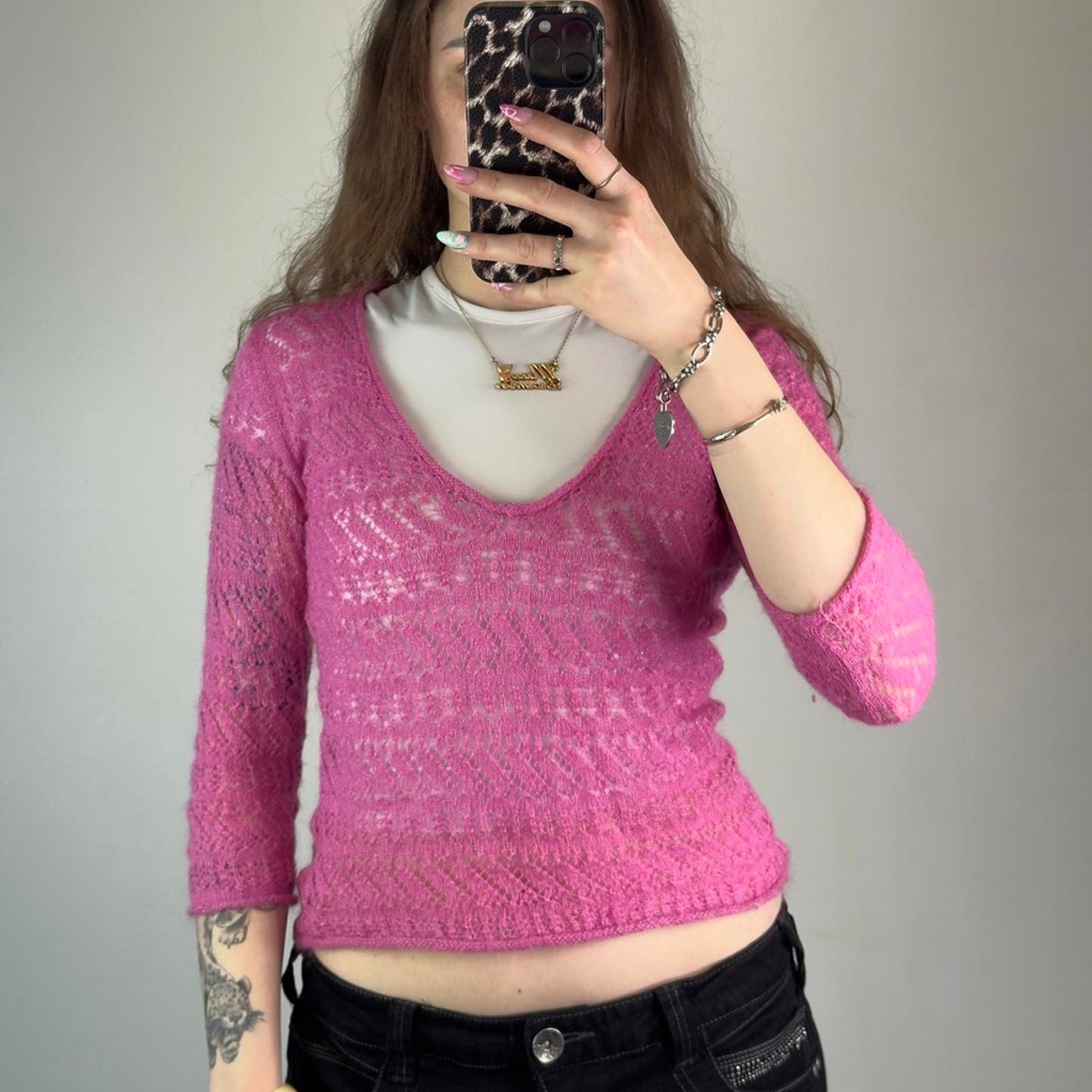 Y2K vintage wool v neck 3/4 sleeve lightweight jumper slight cropped sparkly