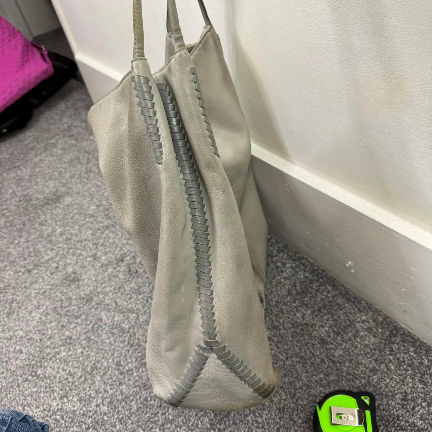 Y2K vintage Jigsaw genuine leather slouchy hobo shoulder bag braided large grey