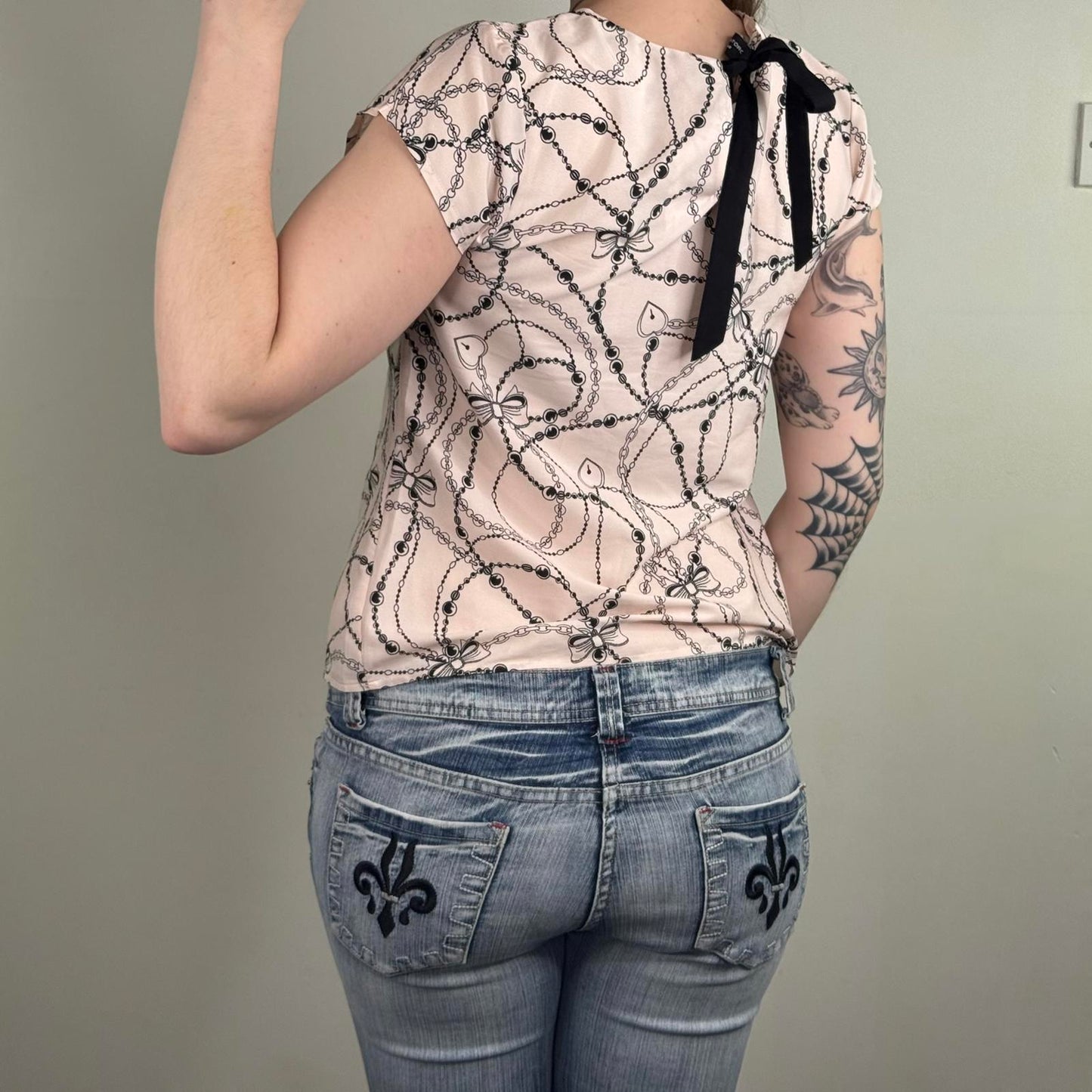 Y2K vintage short sleeve blouse heart locket bow bead pattern collared style