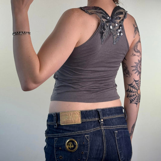 Y2K vintage butterfly sequin tank top cropped round neck