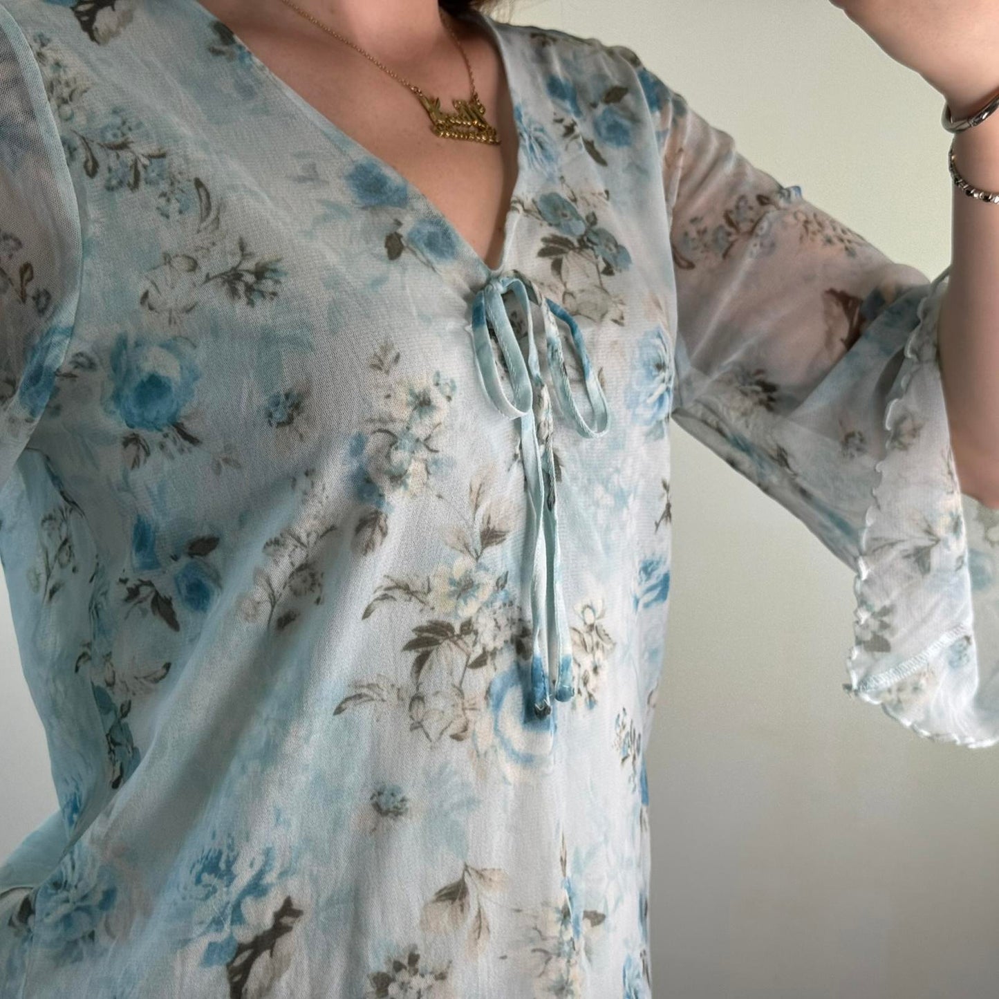 Y2K vintage mesh overlay floral 3/4 top flare sleeve bow v neck double layer