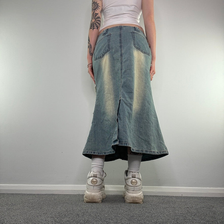 Y2K faded denim front button maxi skirt