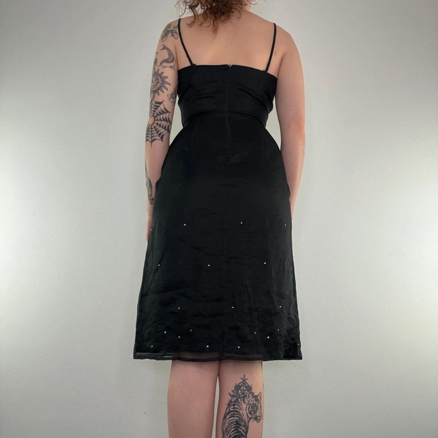 Y2K vintage 100% silk midi dress a line rhinestone floral embroidery bow