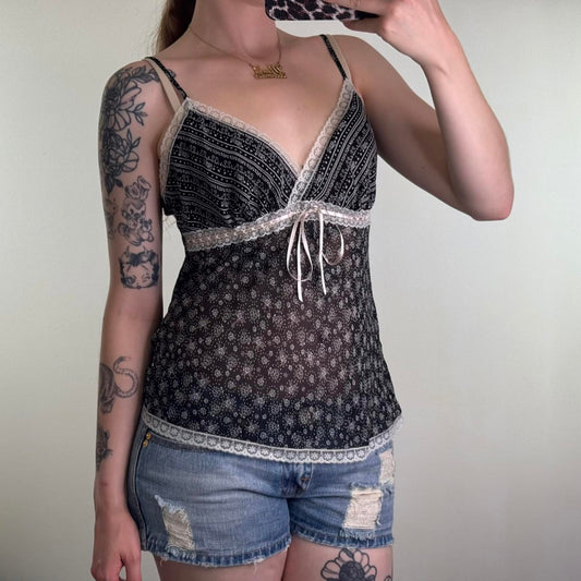 Y2K vintage sheer ditsy floral cami top lace trim black white baby pink strappy
