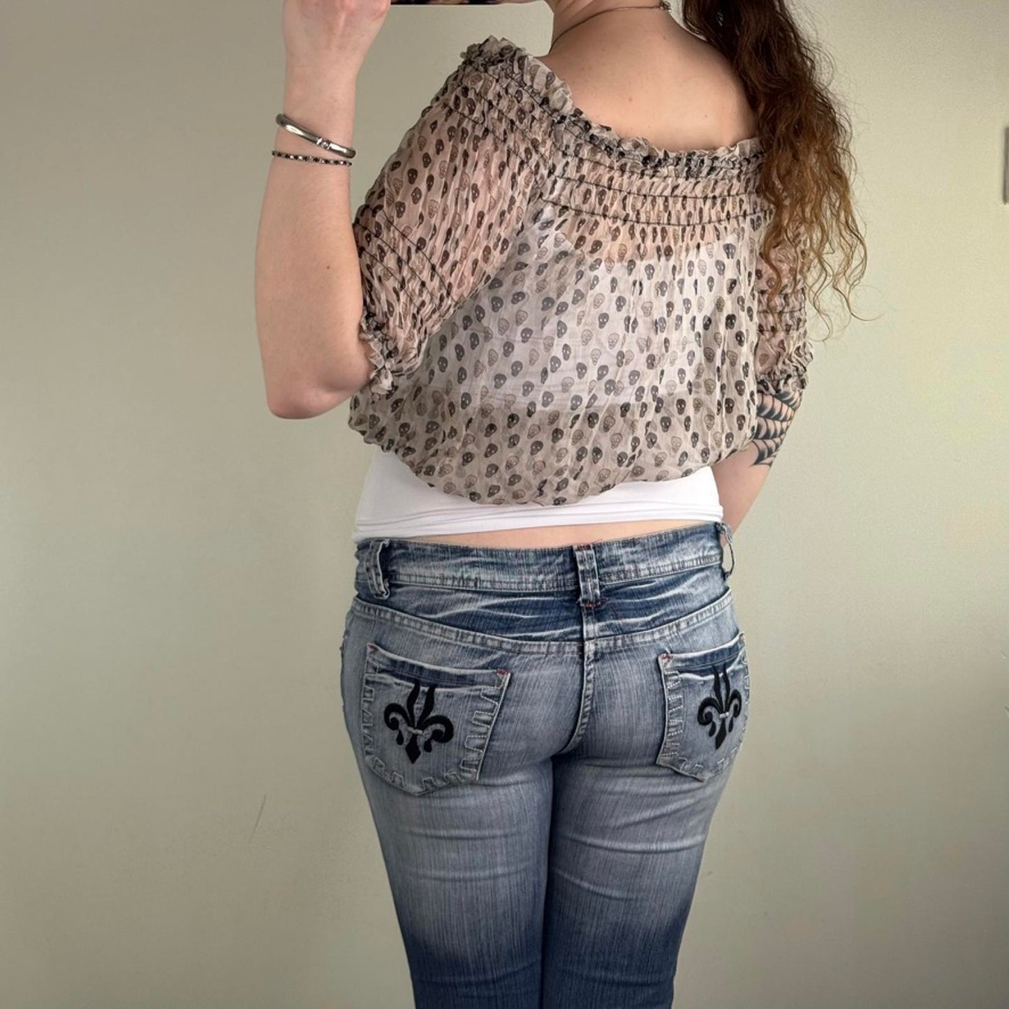 Y2K vintage blouse skull print short sleeve cropped keyhole sheer lightweight