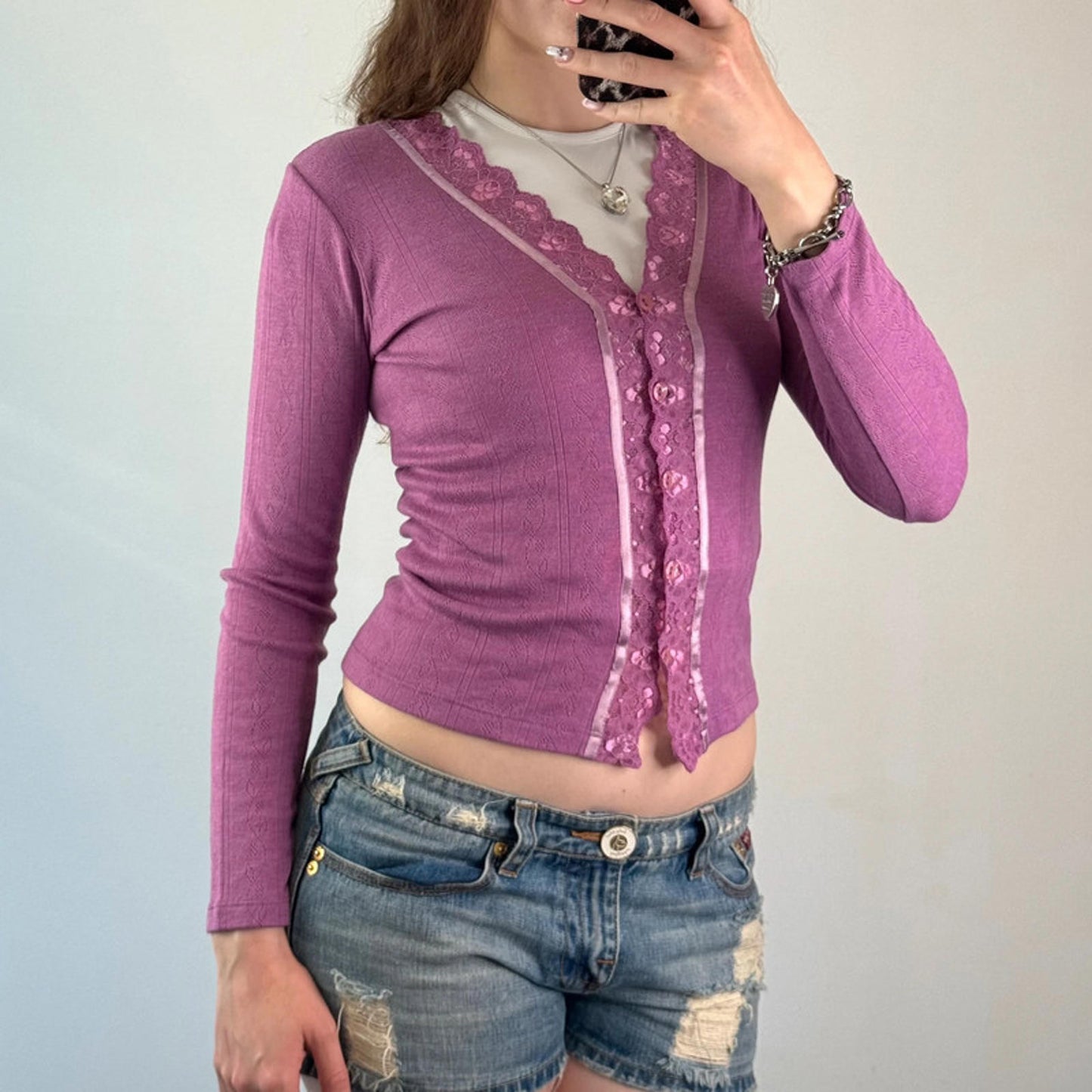 Y2K vintage fine knit button up lace trim long sleeve cardigan v neck fitted