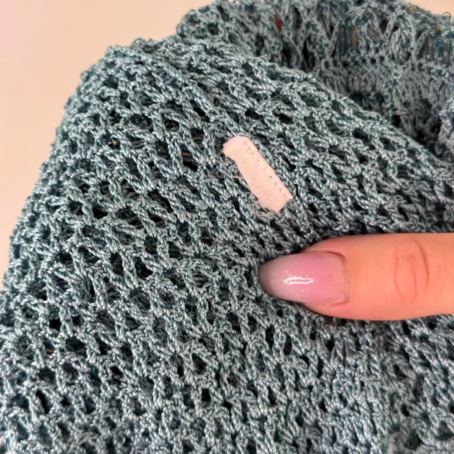 Y2K vintage crochet cardigan long sleeve tie bow turquoise scallop hem v neck