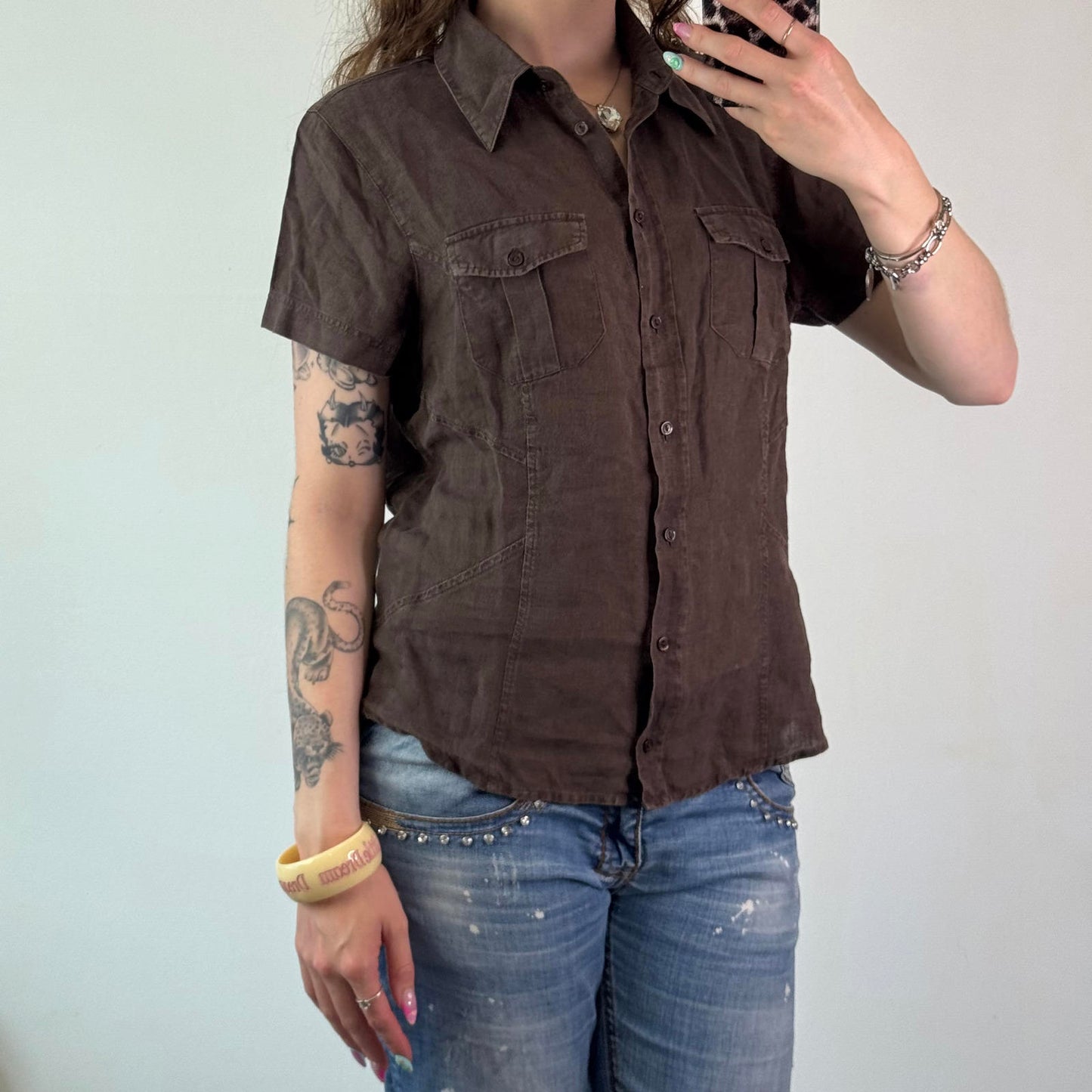 Y2K vintage 100% linen button up short sleeve shirt blouse cargo pockets