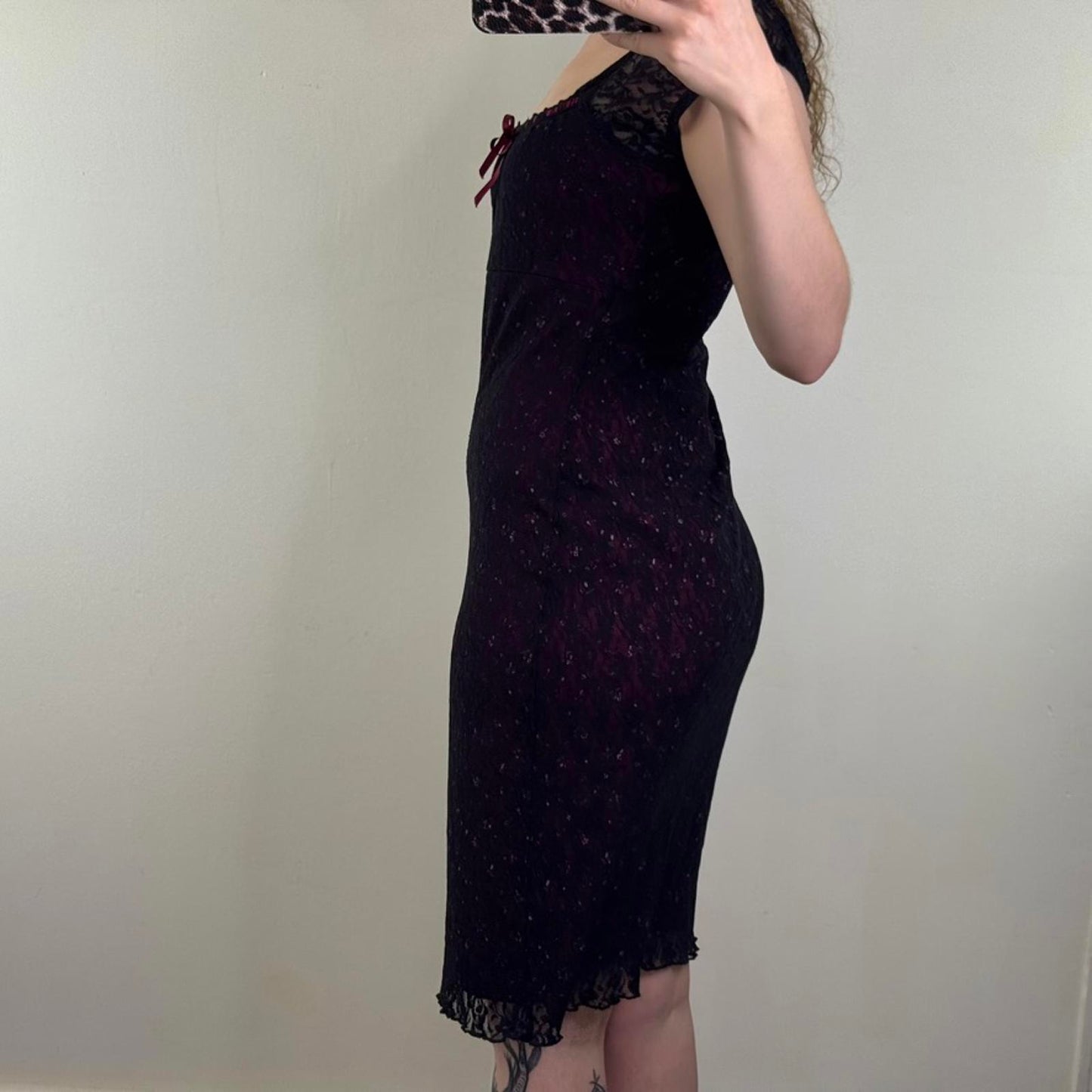 Y2K vintage lace milkmaid midi dress cap sleeve ditsy floral bow scoop neck