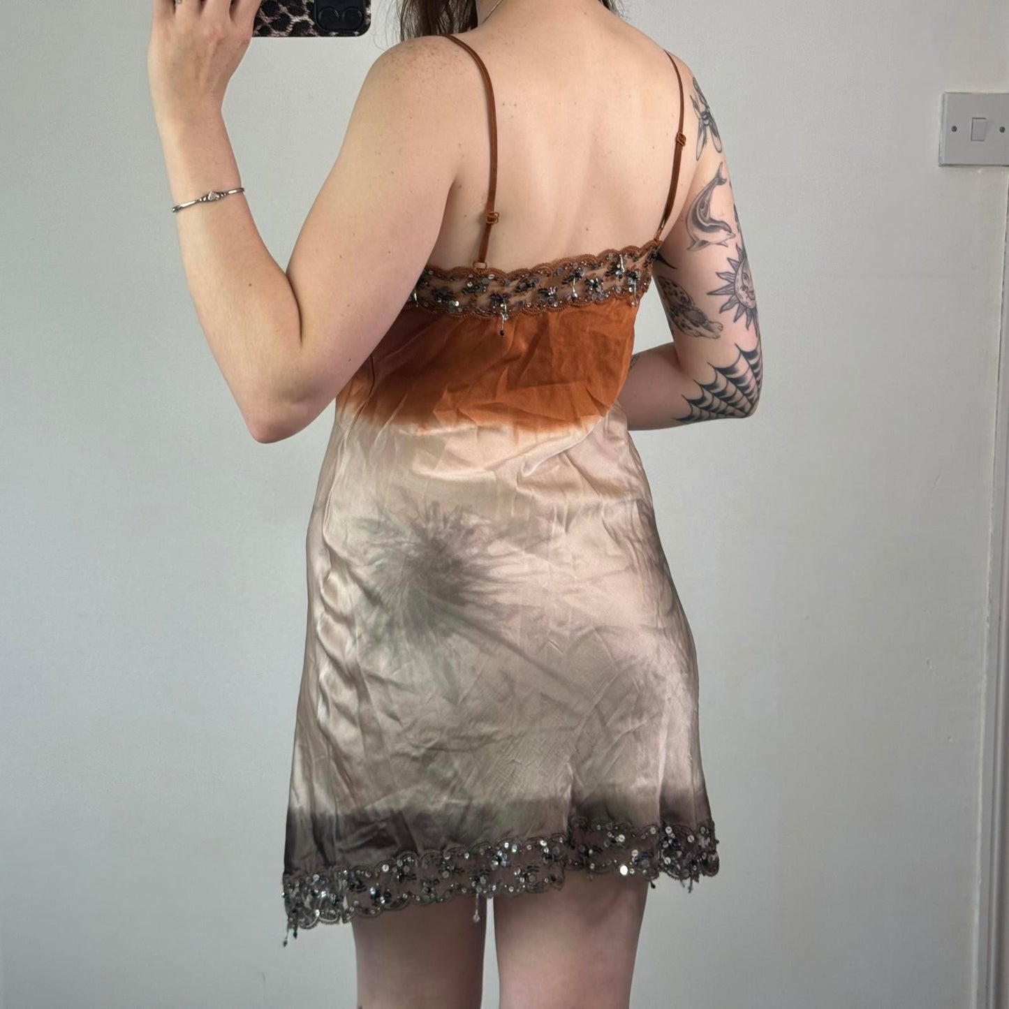 Y2K vintage Pinko 100% silk ombre sequin beaded embellished mini dress lace trim