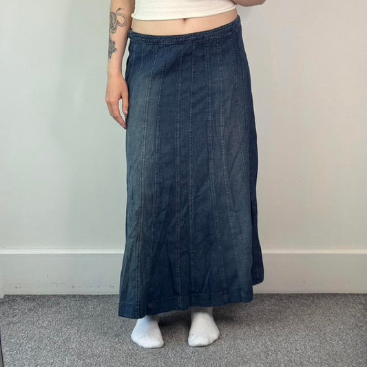 Y2K vintage faded denim maxi skirt a line blue wash vertical stitching