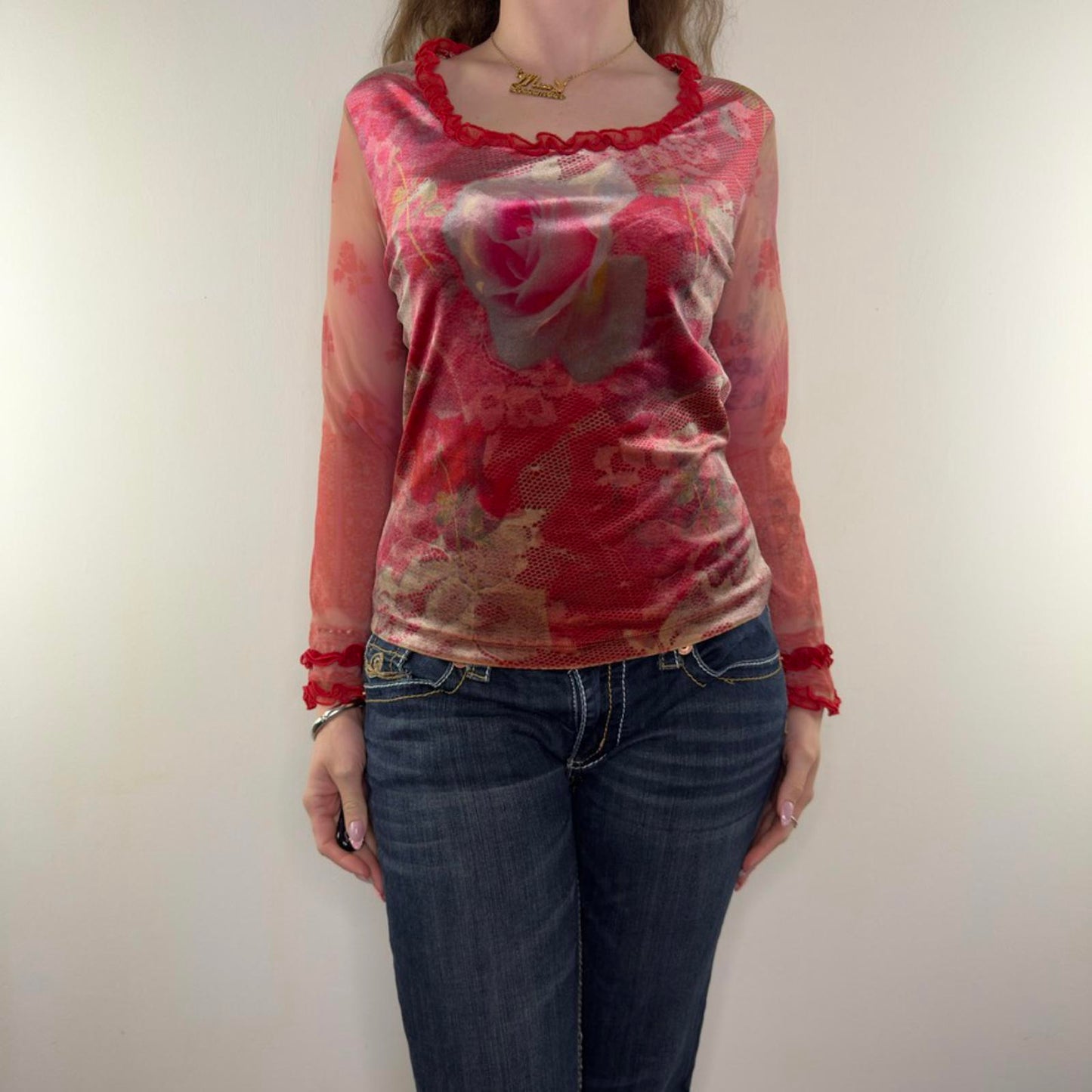 Y2K vintage mesh velour floral long sleeve top