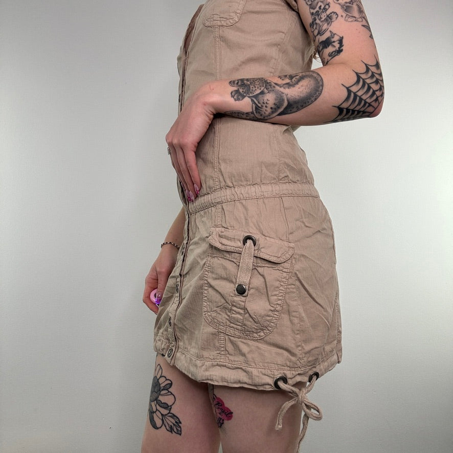 Y2K cargo button up ruched v neck mini dress