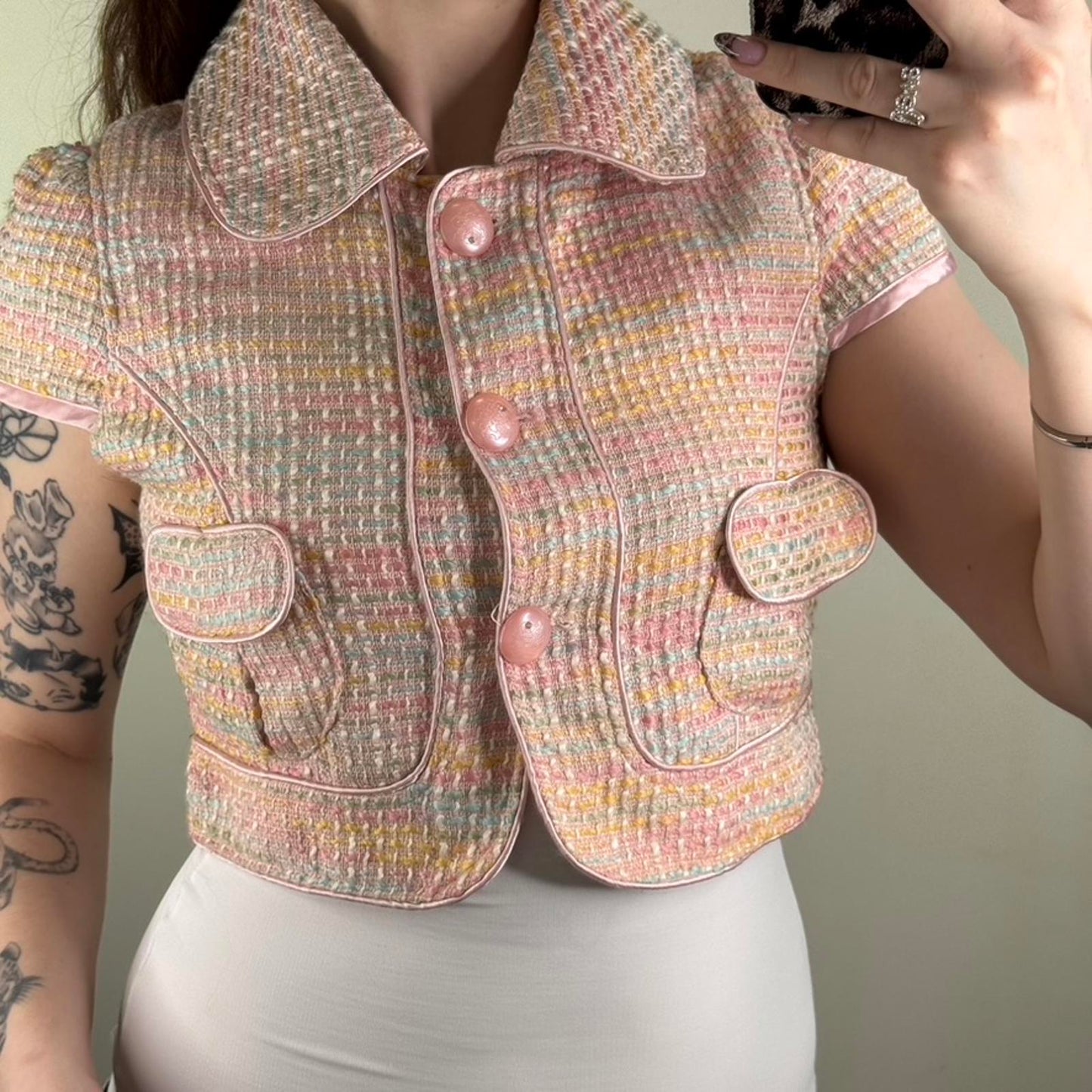 Y2K vintage tweed cropped jacket pastel button up baby pink tailored fitted