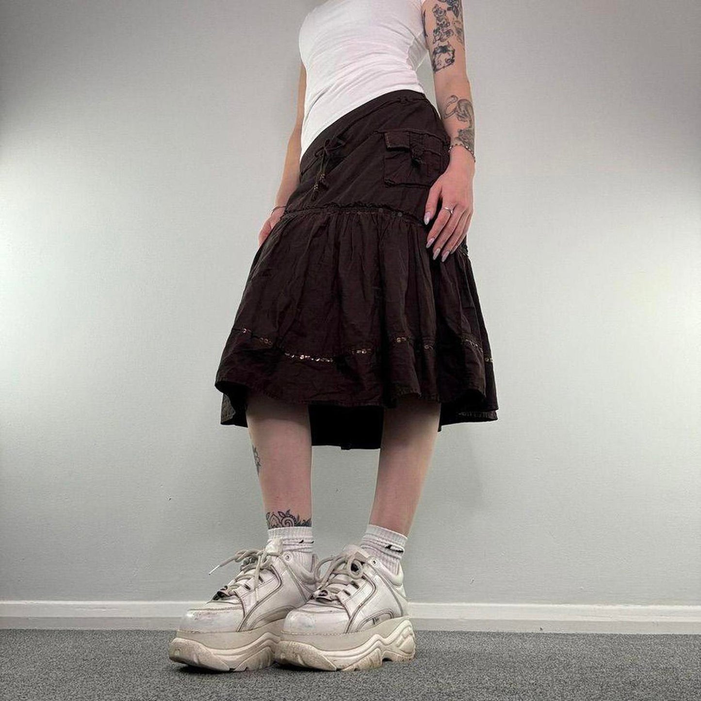 Y2K vintage asymmetrical cargo sequin midi skirt a line floaty embellished bow