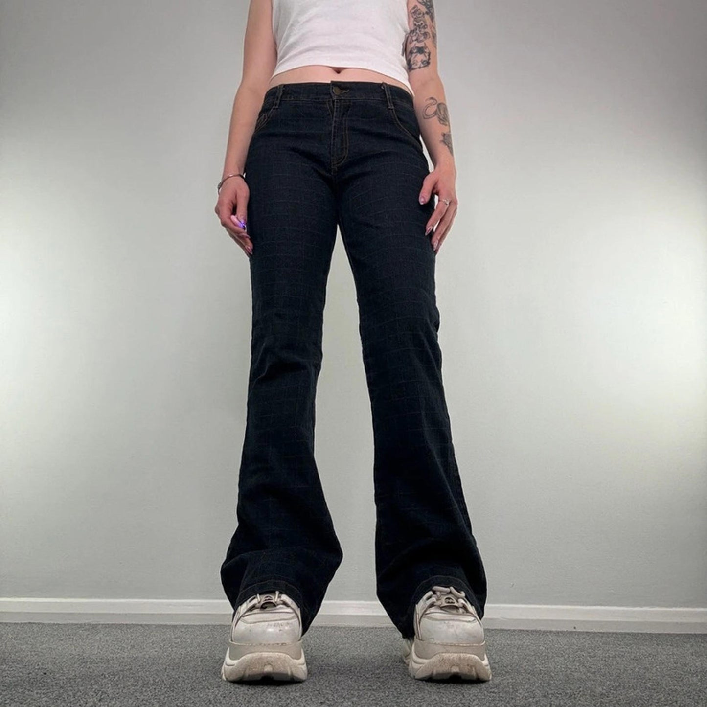 Y2K mid rise dark denim bootcut jeans chequered grid square print flare leg