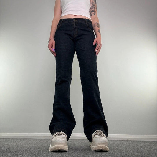 Y2K mid rise dark denim bootcut jeans chequered grid square print flare leg
