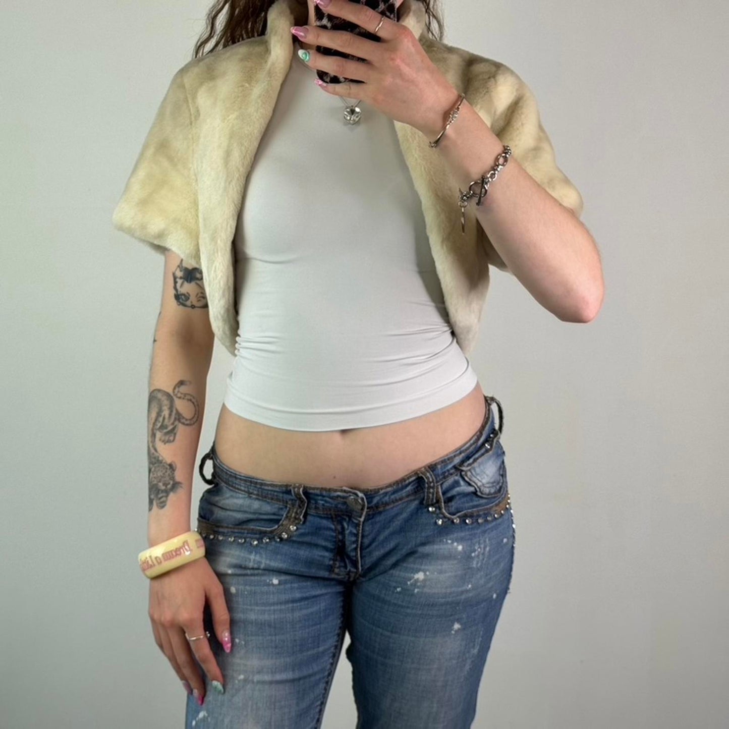 Y2K vintage faux fur open front cropped jacket short sleeve