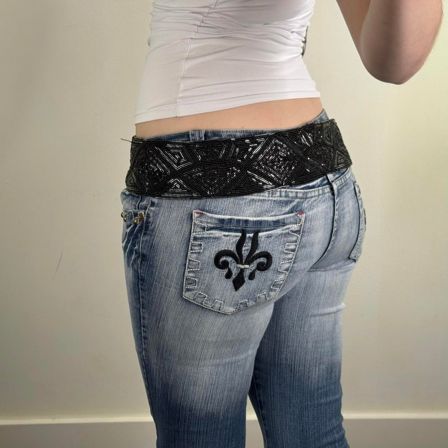 Y2K vintage beaded belt adjustable bow embellished satin lined chunky oversized