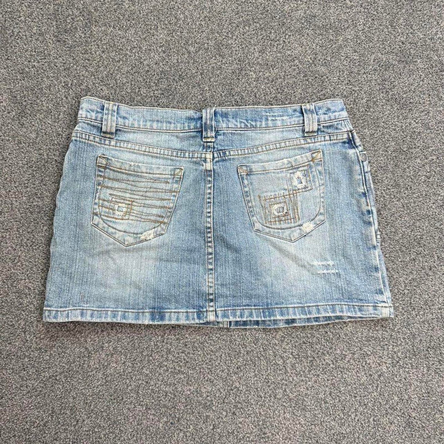 Y2K vintage low rise denim mini skirt distressed faded pockets stitching - UK 12
