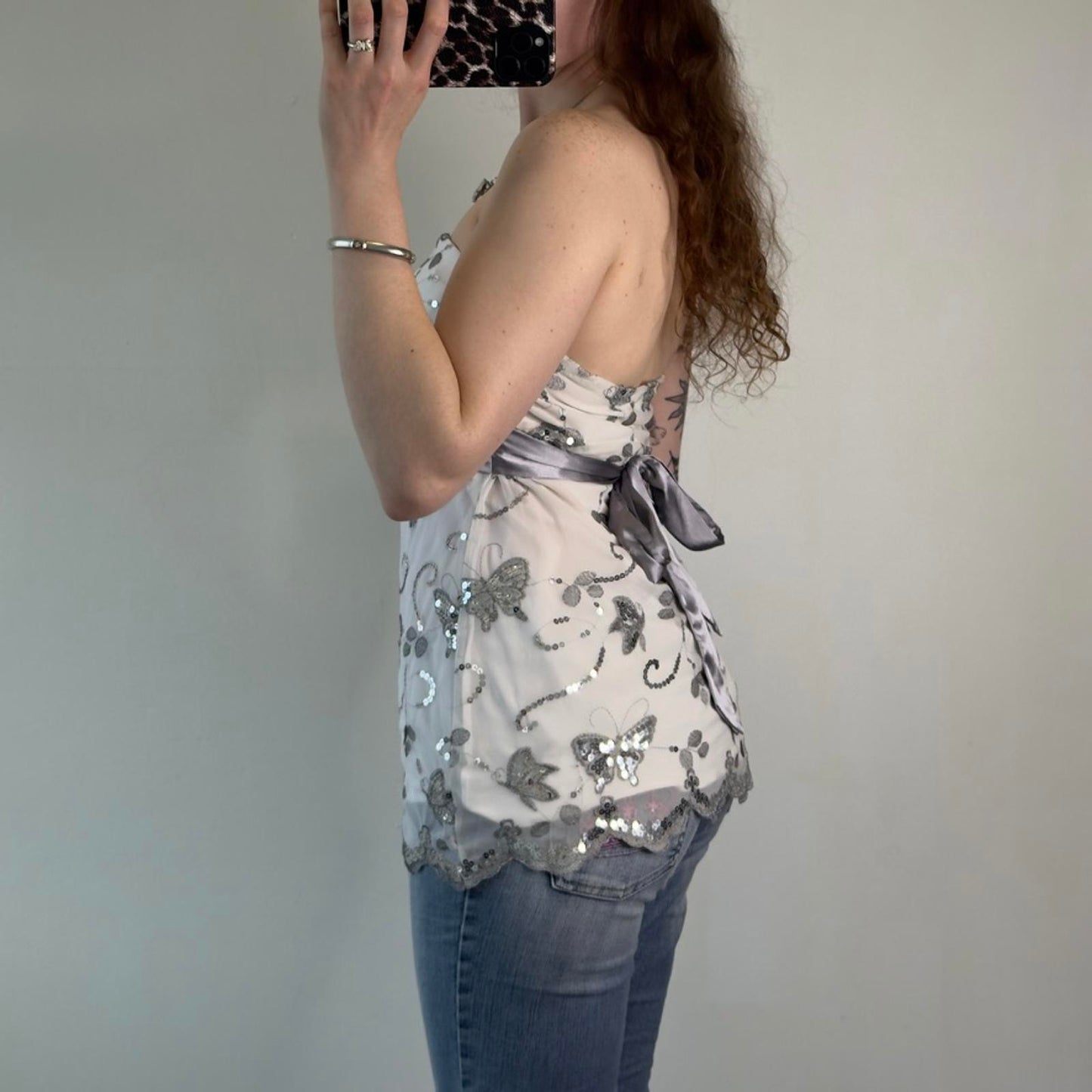 Y2K vintage strapless sequin butterfly mesh bow top festival summer party