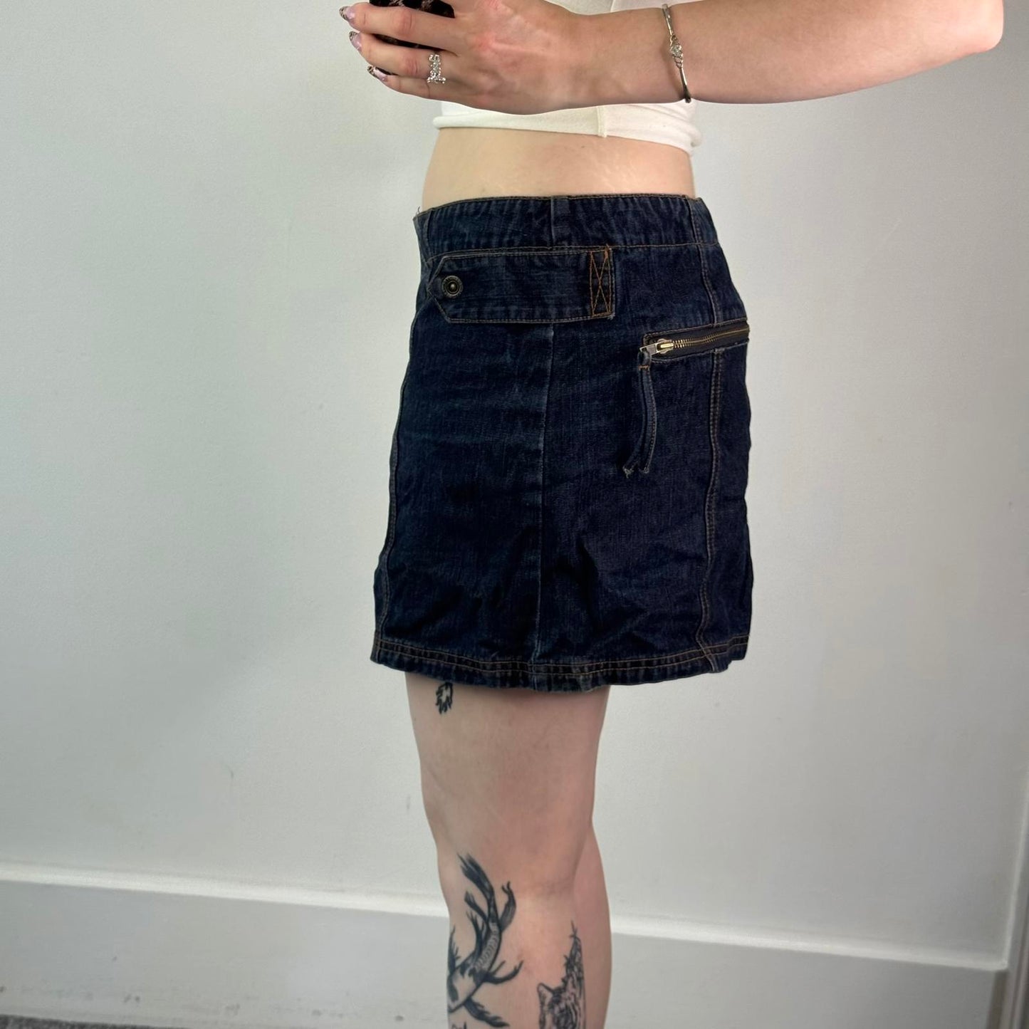Y2K vintage faded dark denim mid rise mini skirt zippers cargo