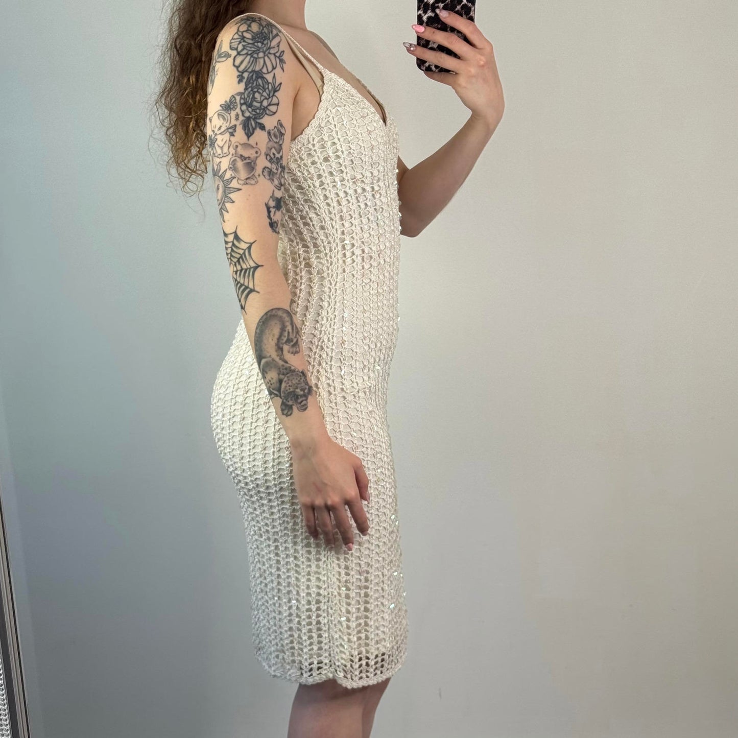Y2K vintage sequin crochet midi dress v neck strappy knee length summer holiday