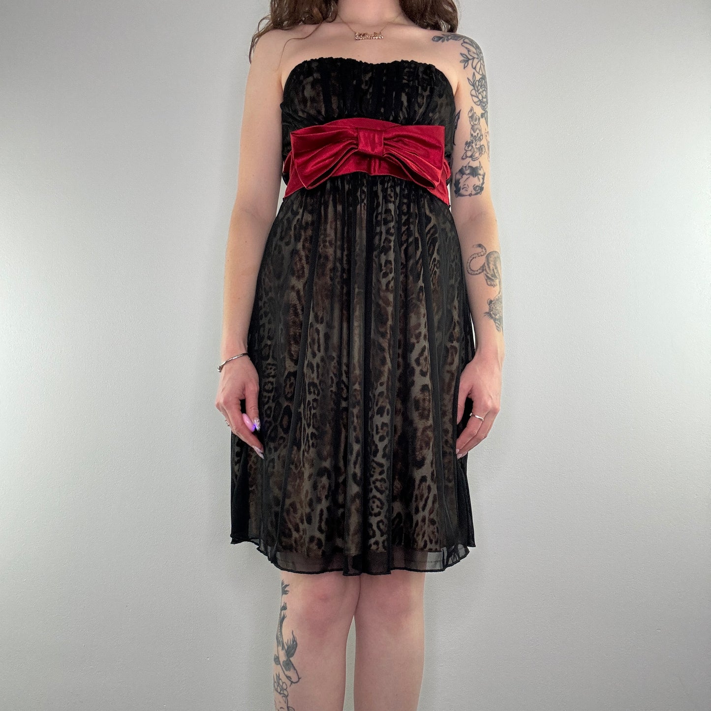 Y2K leopard print red bow midi dress