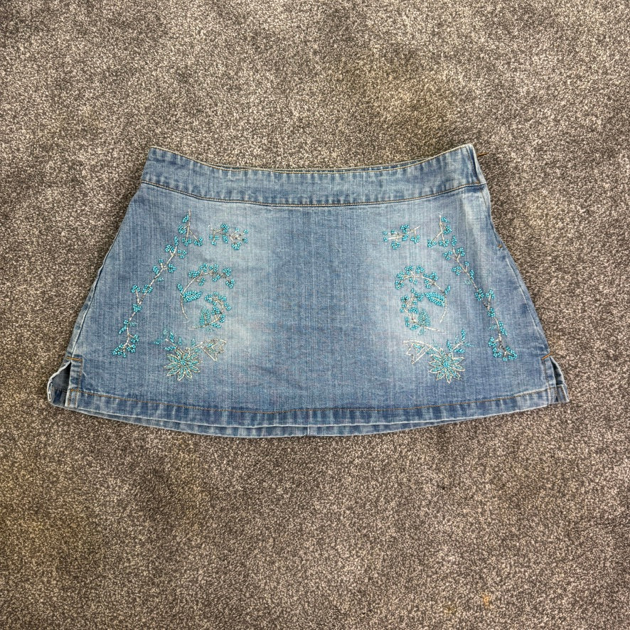 Y2K vintage low rise denim mini skirt floral beaded faded denim a line