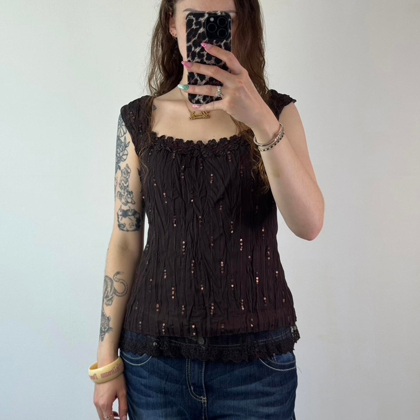 Y2K vintage crinkle sequin sheer cap sleeve top lace scoop neckline