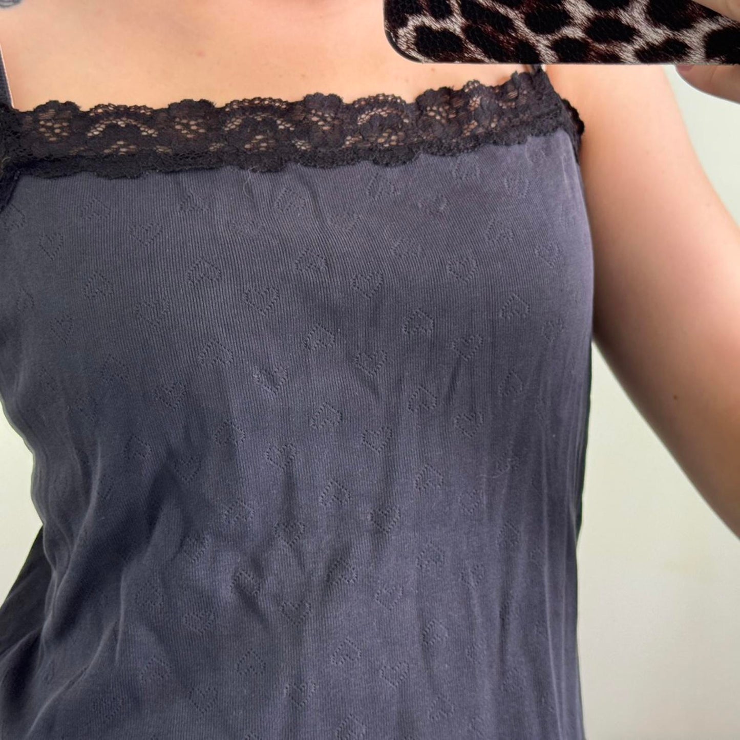 Y2K vintage heart pattern lace trim cami top square neckline strappy black