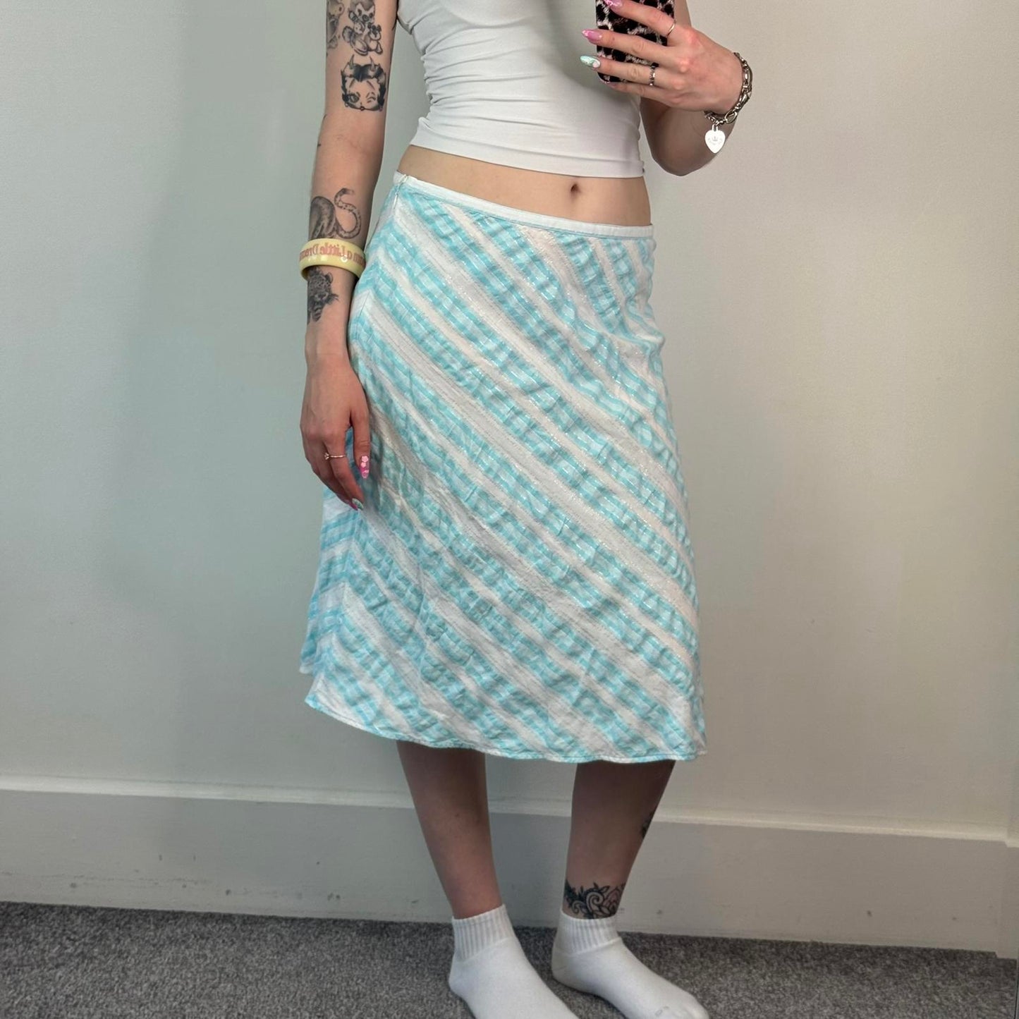 Y2K vintage stripe sparkly midi skirt diagonal white baby blue stripy a line