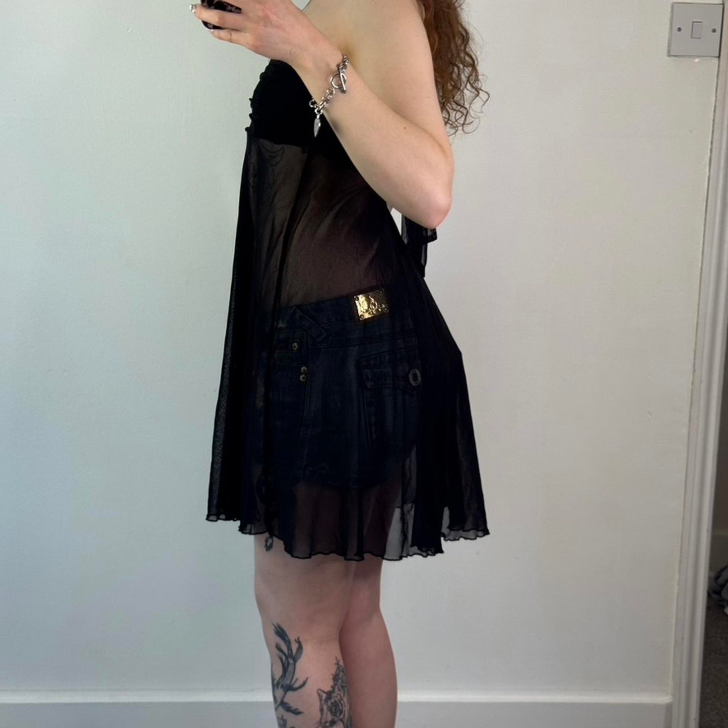 Y2K vintage strapless mesh longline top / mini dress tie back bow sheer ruched