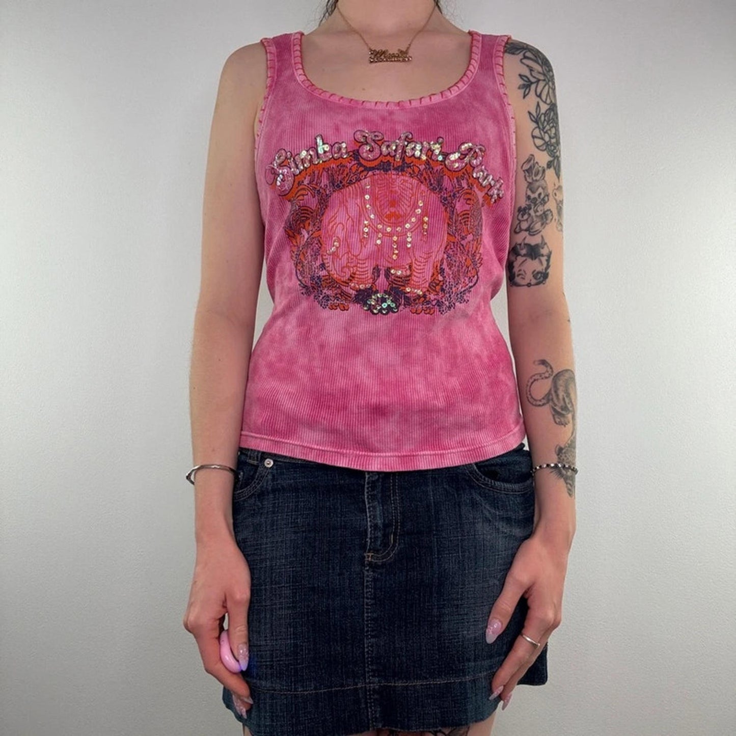Y2K vintage sequin elephant tank top graphic print pink tie dye