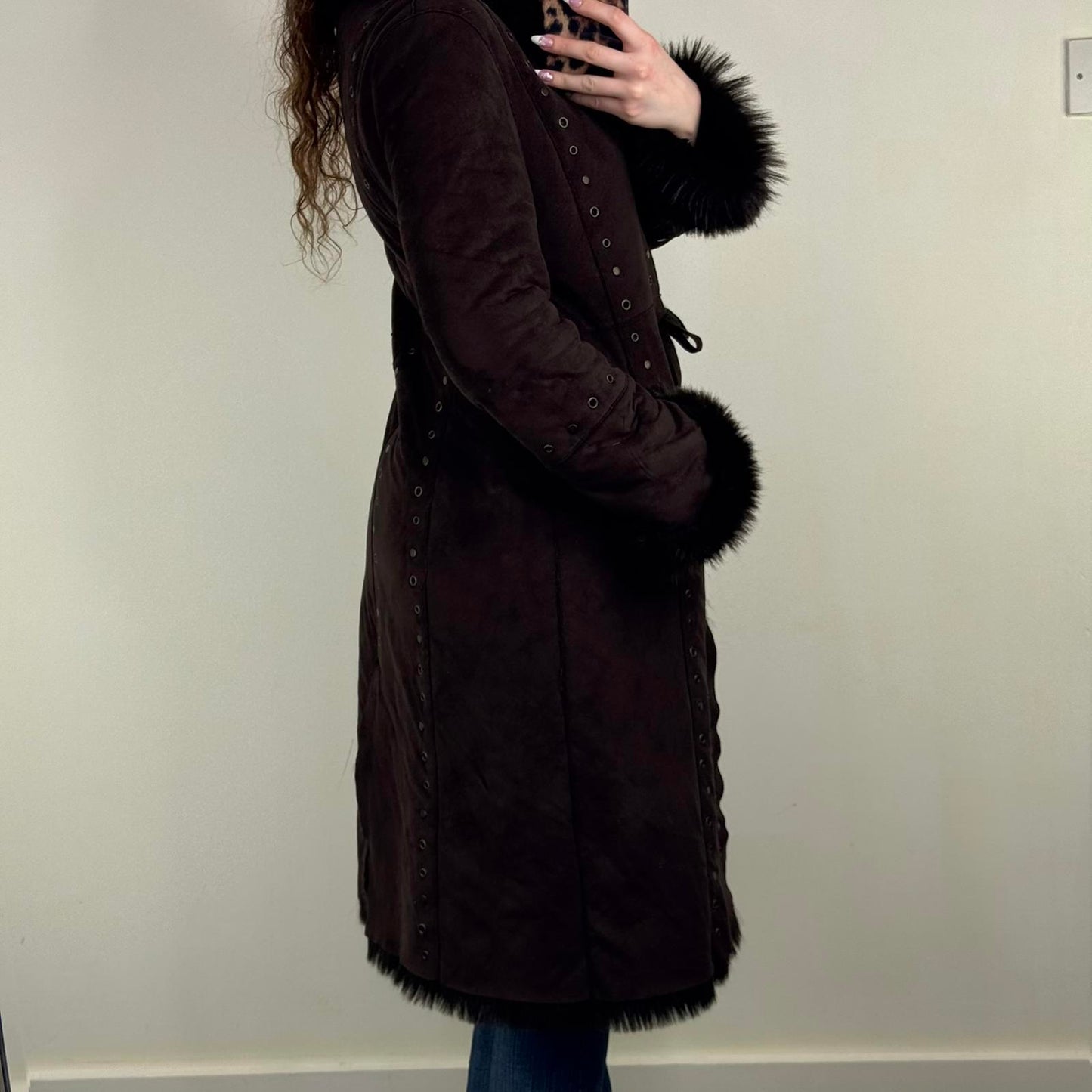 Y2K vintage faux fur coat long trench afghan full length studded grommet brown