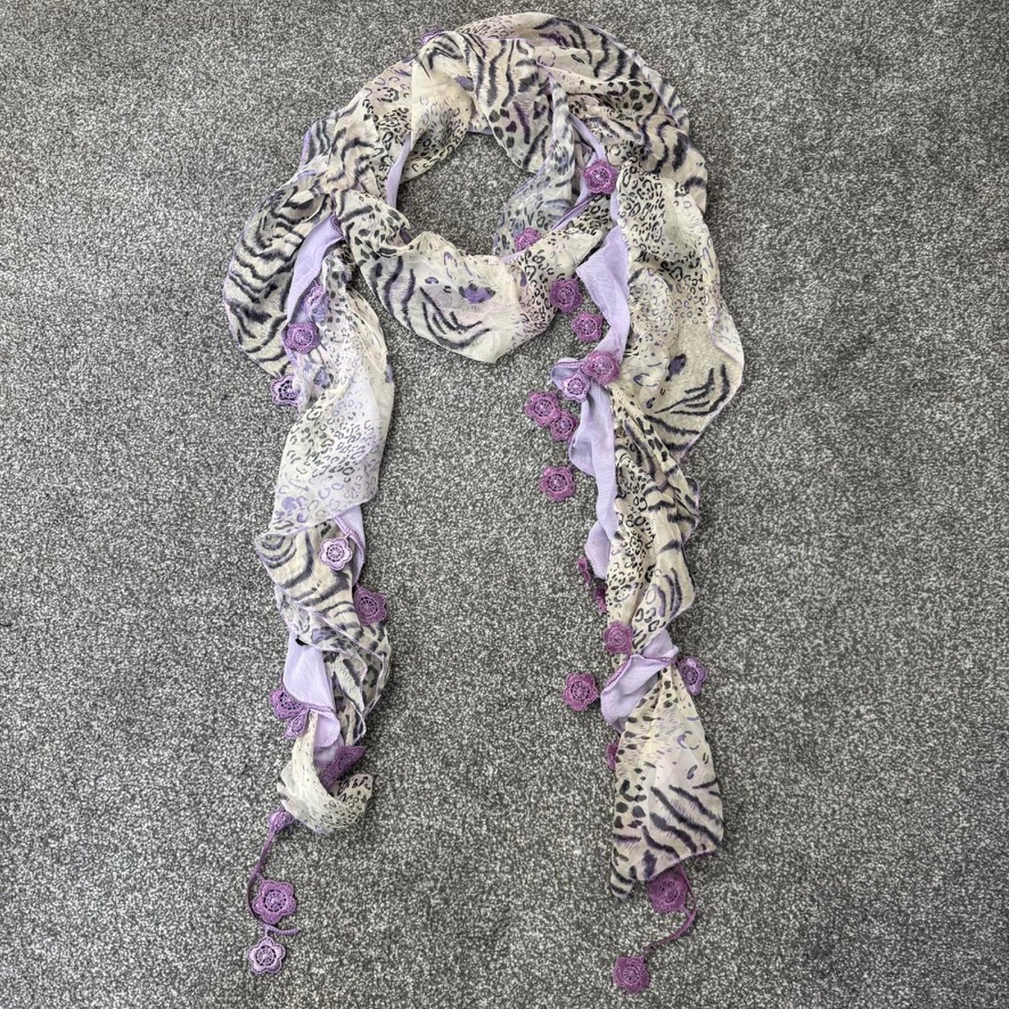 Y2K vintage leopard tiger print flower embroidery scarf lilac cream frilly