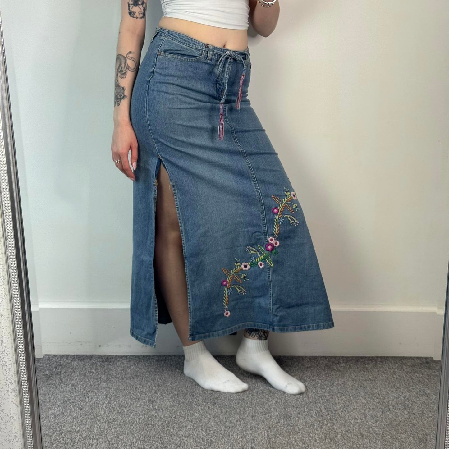 90s Y2K vintage floral embroidery denim maxi skirt thigh split belt light blue
