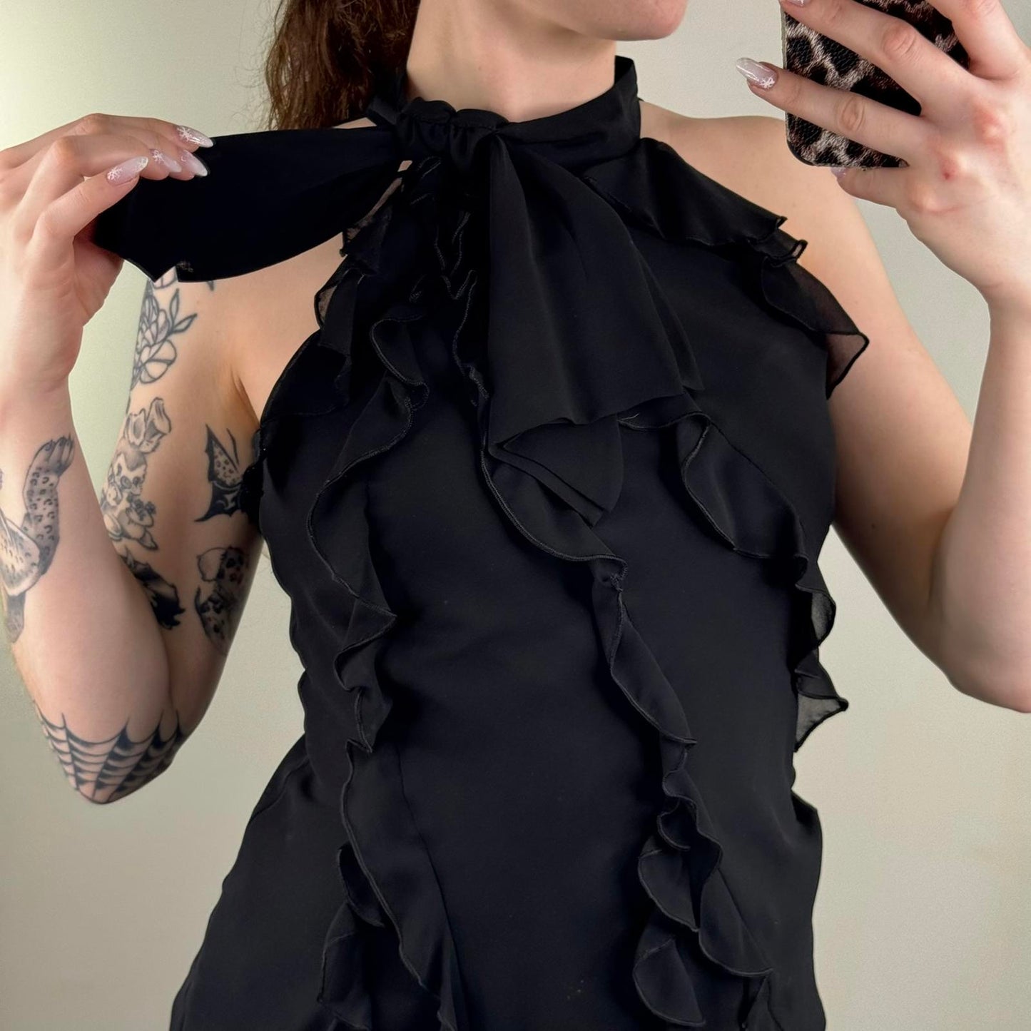 Y2K vintage high neck ruffle sleeveless blouse keyhole oversized bow black