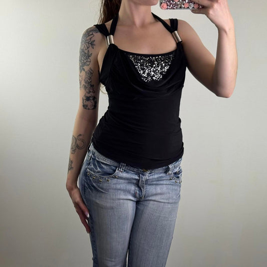 Y2K vintage slinky clubbing tank top stretchy cowl neck fitted ruched black